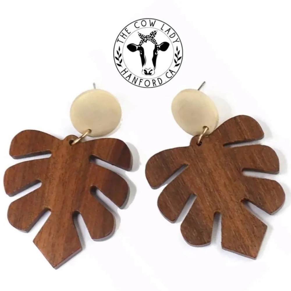 Wood Boho Women’s Brown Plant Palm Leaf Statement Earrings NWT Ethnic Hippy